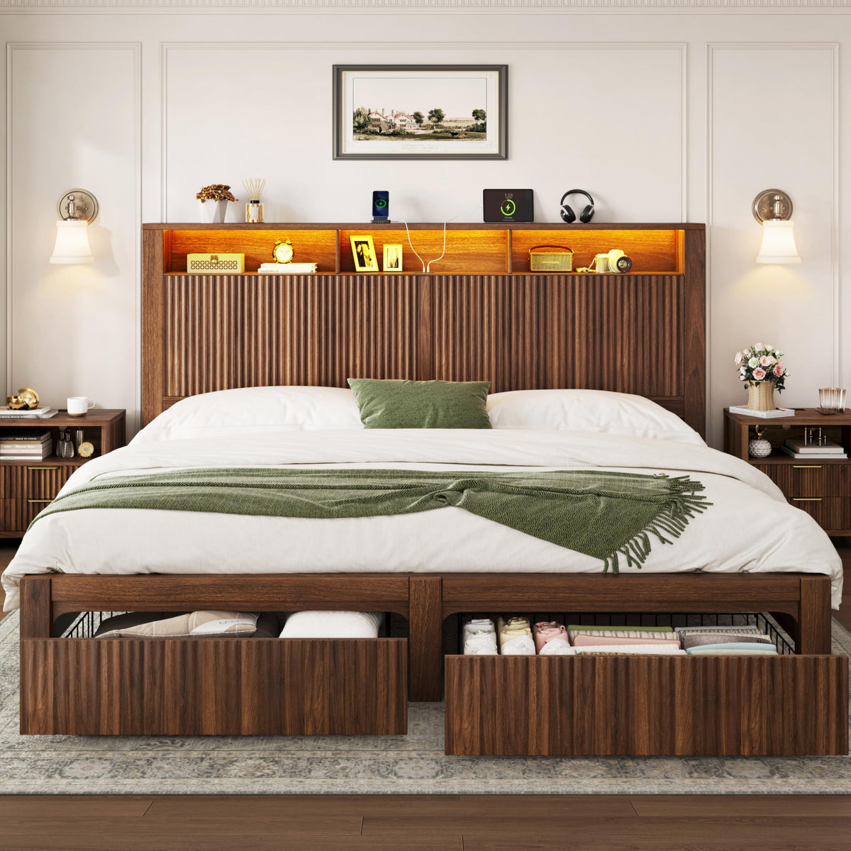 King Size Bed Frame and Headboard & 2 Storage Drawers, Walnut