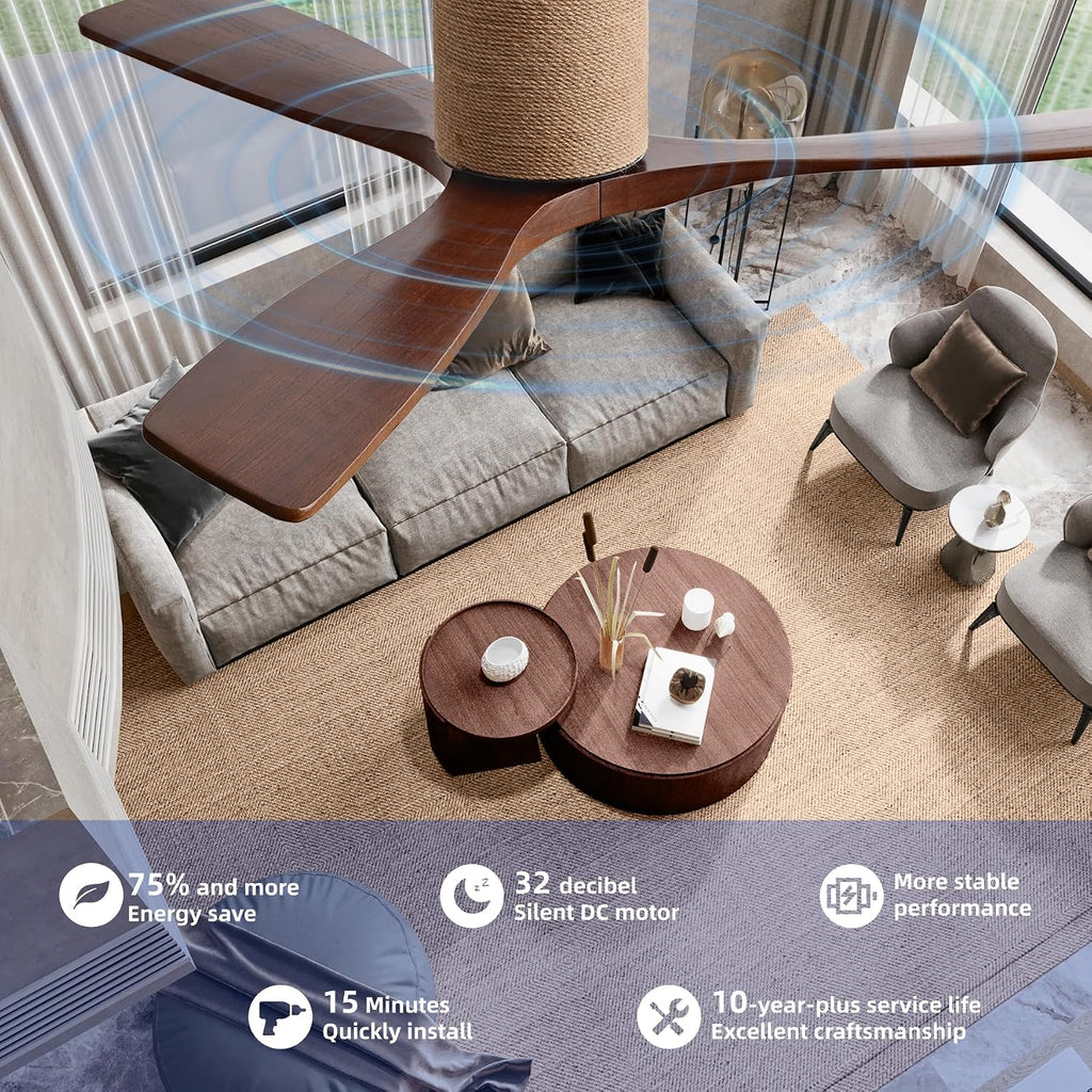 52" Wood Flush Mount Ceiling Fan with Remote, No Light