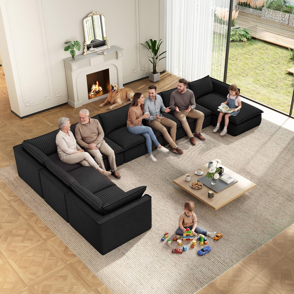 141.7" Boneless Sectional Sofa with Chaise, 7 Seater Couch, Black