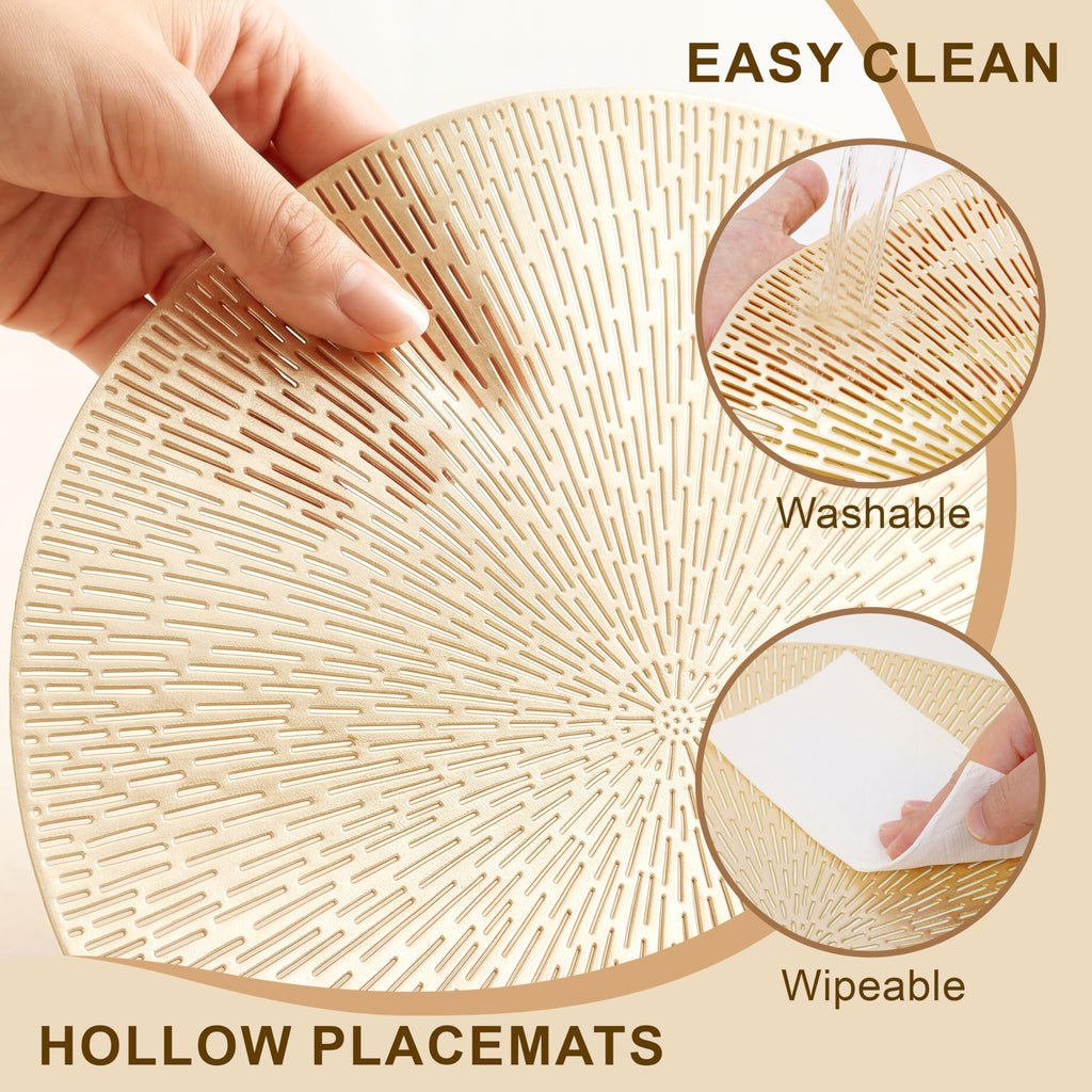 Gold Round Placemats Set of 8, 15 Inch Gold Metallic Hollow Vinyl Round Placemat, Washable Wipe Clean Kitchen Dining