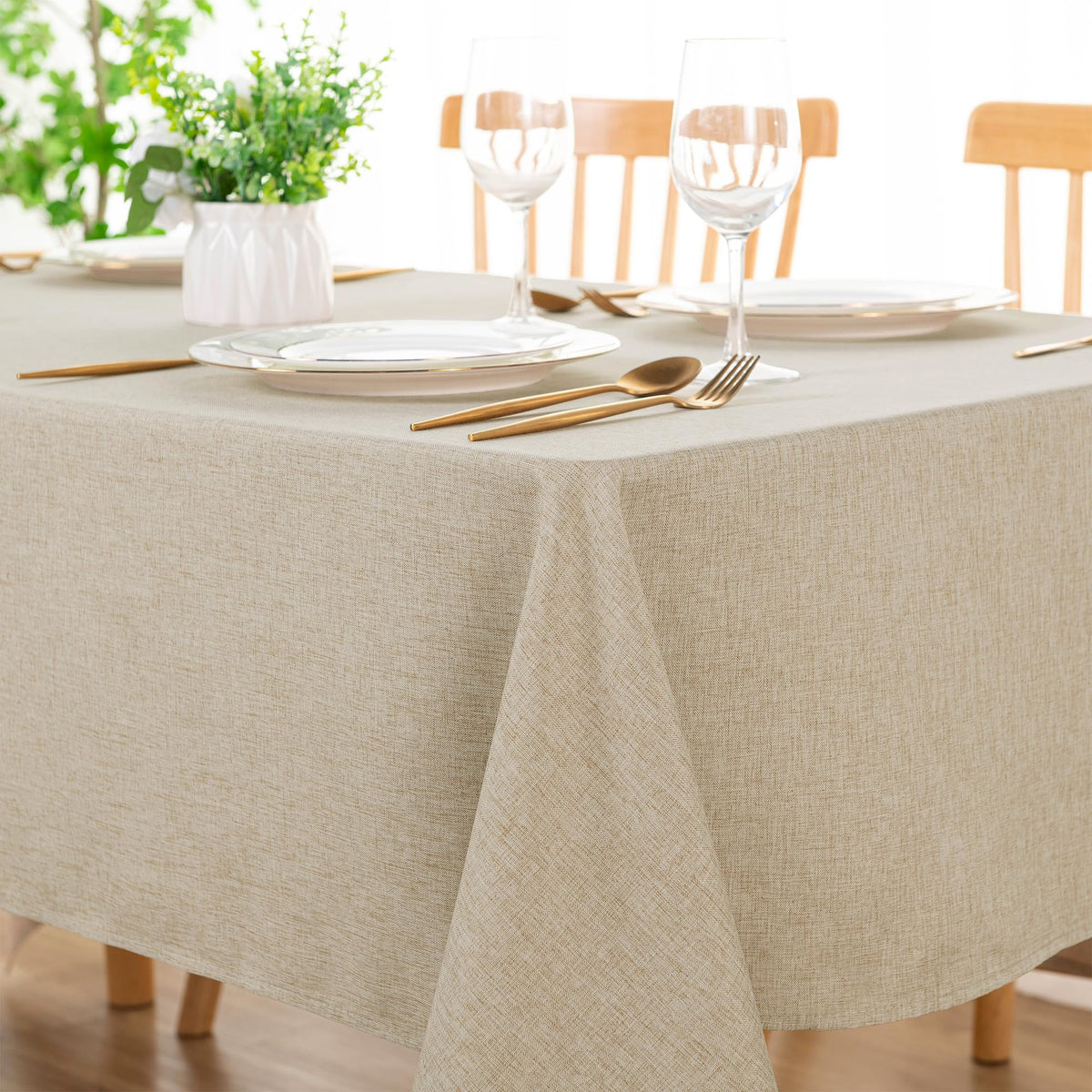 Rectangle Faux Linen Tablecloth, Table Cover, 60 x 120 Inch, Beige