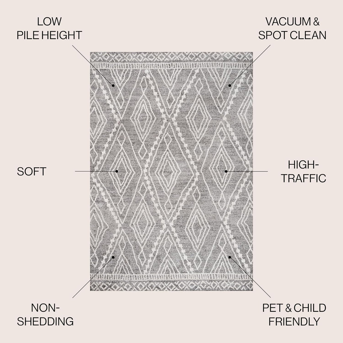 Rih Moroccan Style Diamond Gray/Ivory Indoor Area Rug, Bohemian, Casual, Easy-Cleaning, Pet Friendly