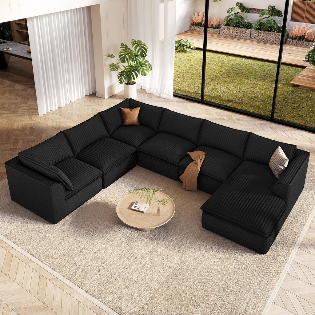 141.7" Boneless Sectional Sofa with Chaise, 7 Seater Couch, Black