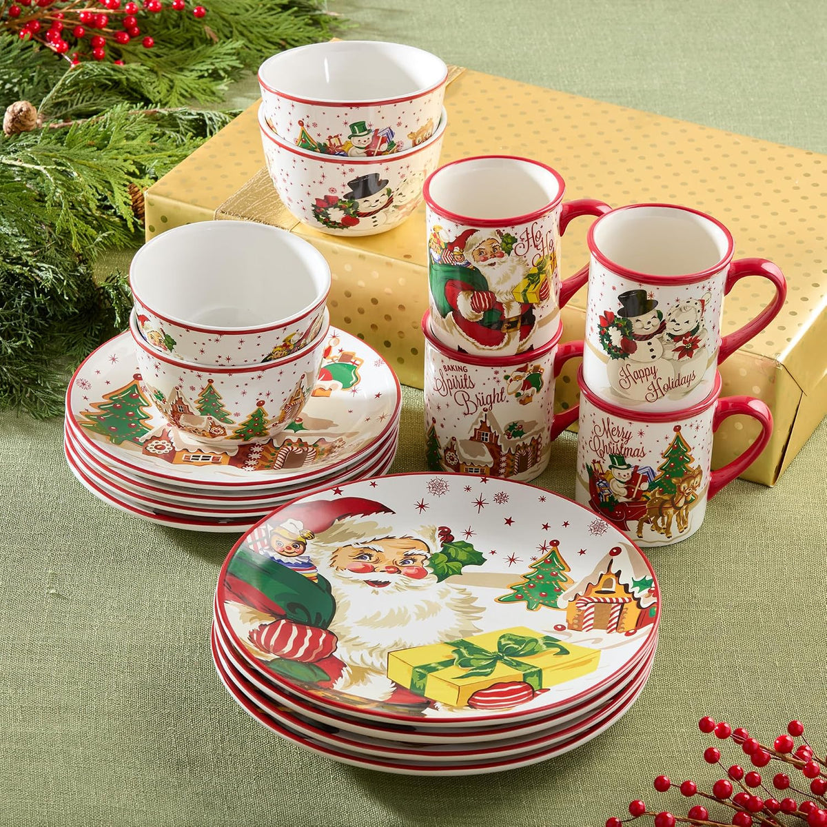 Santa's Retro Christmas 16 pc Dinnerware Set, Service for Holiday Plates, Bowls & Mugs with Vintage Santa