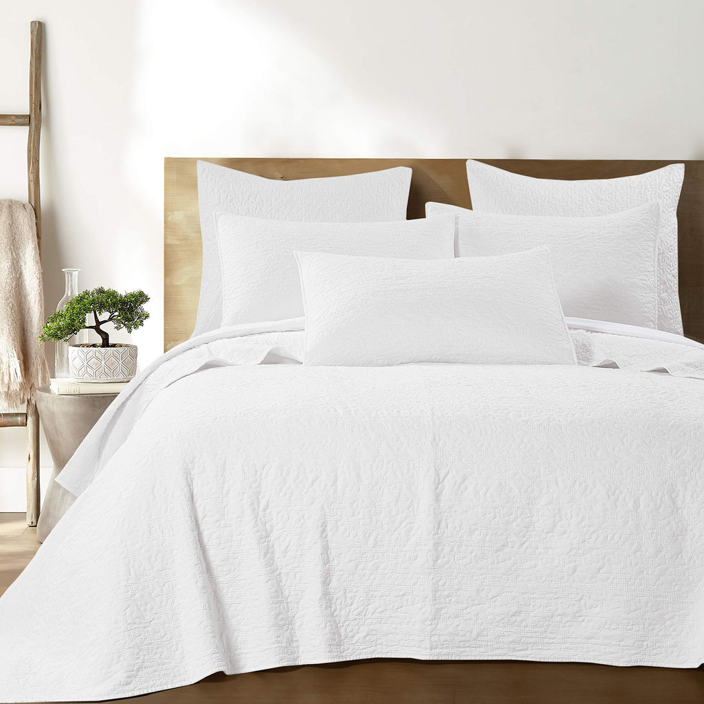 By - Emory Quilt Set -King Quilt + Two King Pillow Shams - Microfiber Waffle Jacquard - Scroll Leaf - White - Quilt