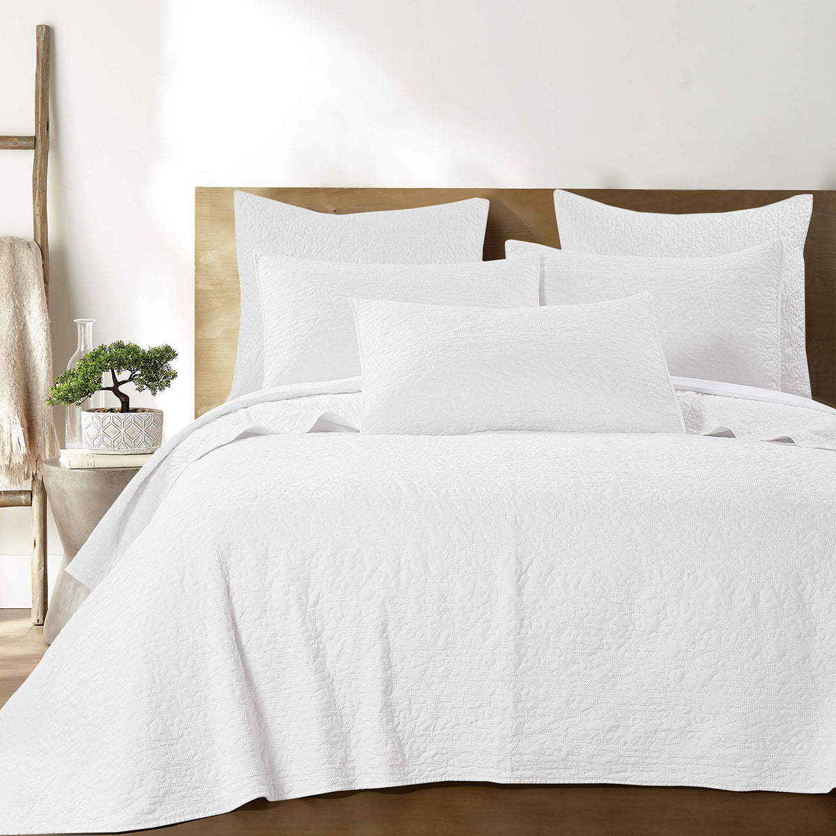 By - Emory Quilt Set -King Quilt + Two King Pillow Shams - Microfiber Waffle Jacquard - Scroll Leaf - White - Quilt