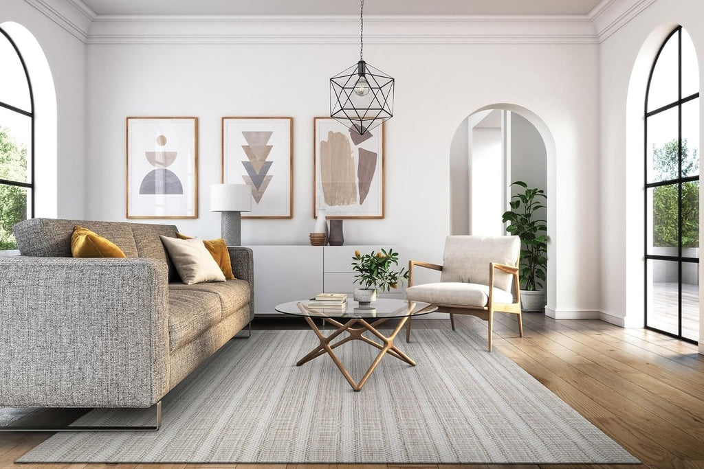 Aspen Textured Stripes Handmade Wool Area Rug, Light Beige