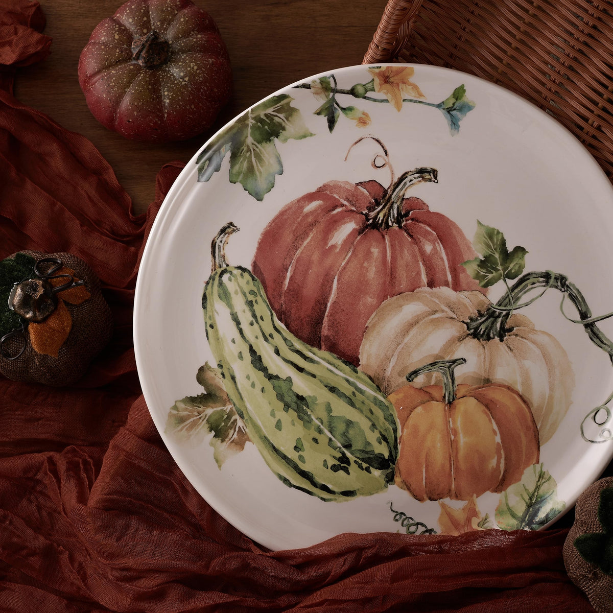 Pumpkin Feast Dinner Plates Set of 4, 11 Inch Large Ceramic Plates for Pasta, Steak, Stylish Serving Dishes