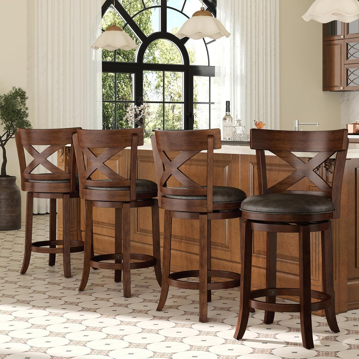 26 inch Counter Height Bar Stools Set of 4, Swivel Bar Stools with Back, Wooden Bar Chairs Faux Leather