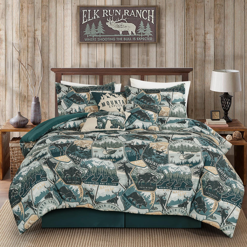 Tahoe 7-Piece North Lake Motif Comforter Set - Multicolor Blue Green Brown Black Printed Washed Cabin Lodge