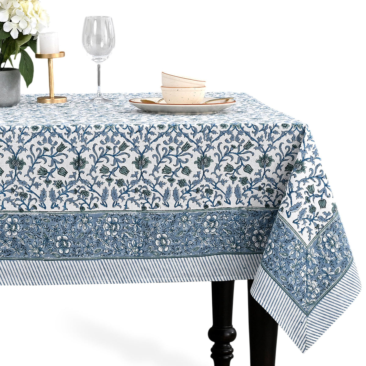 CPC Ocean Vine Tablecloth 100% Cotton 60x60 Inch Indian Block Print Rectangle Table Cover, Table Cloth for Gifting in