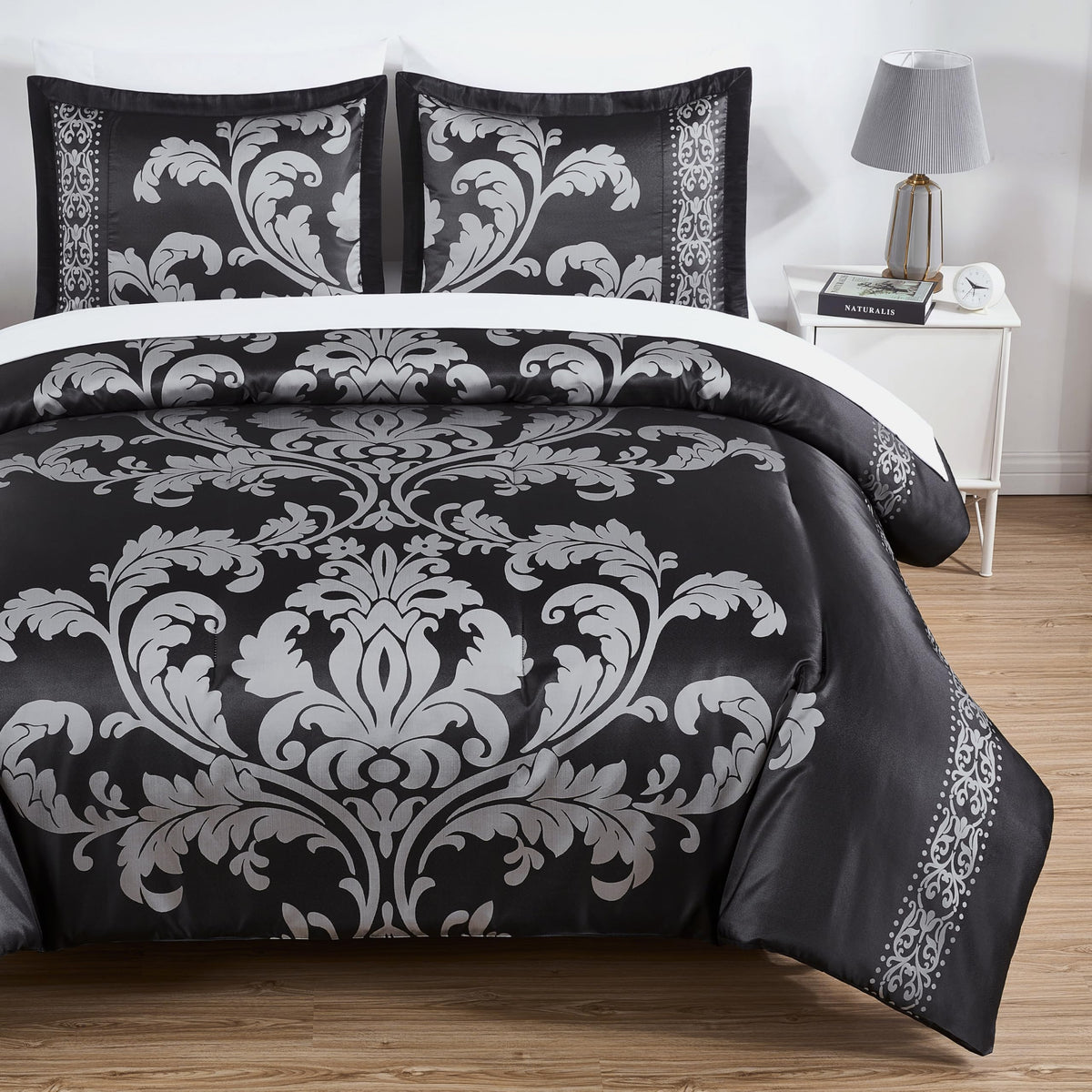 Valor 7-Piece Bed in a Bag, Black/Silver Luxury Jacquard Floral Comforter with Sheets Set for All Season