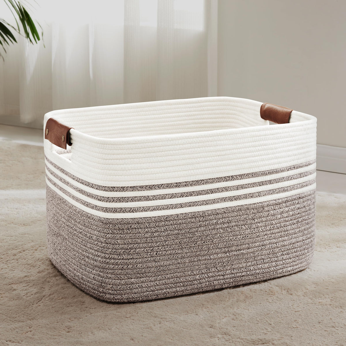 72L Woven Laundry Basket Hamper with Leather Handles,Dark Brown