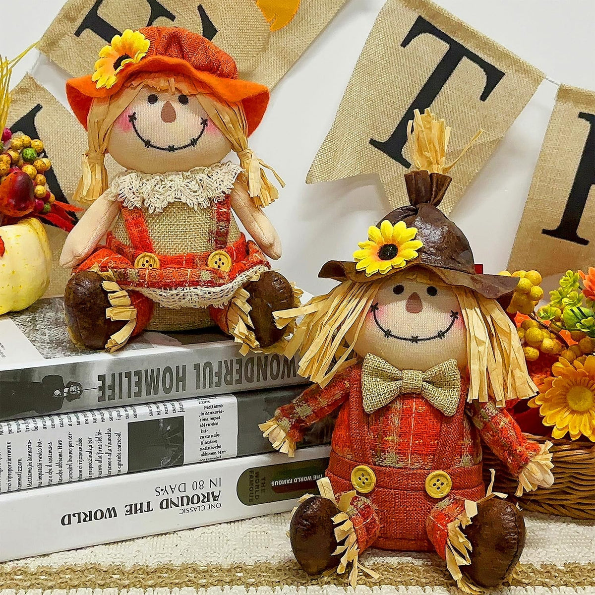2 Pack Fall Tabletop Decorations Scarecrows, Thanksgiving Harvest Handmade Scarecrow, Autumn Shelf Sitters Figurine