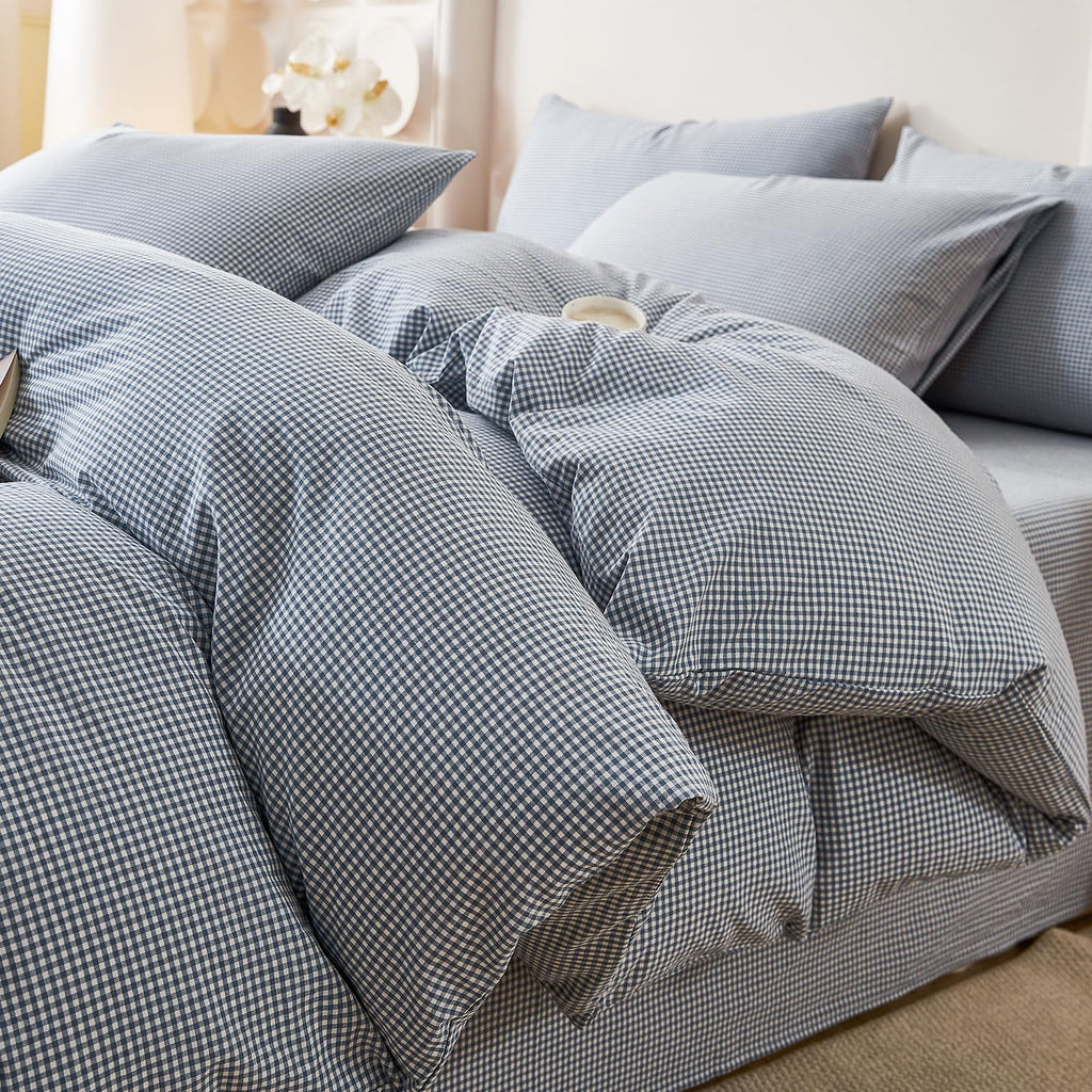 Vintage Blue Plaid Duvet Cover Set 100% Washed Cotton 3-Piece