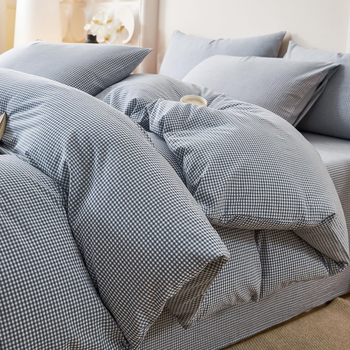 Vintage Blue Plaid Duvet Cover Set 100% Washed Cotton 3-Piece