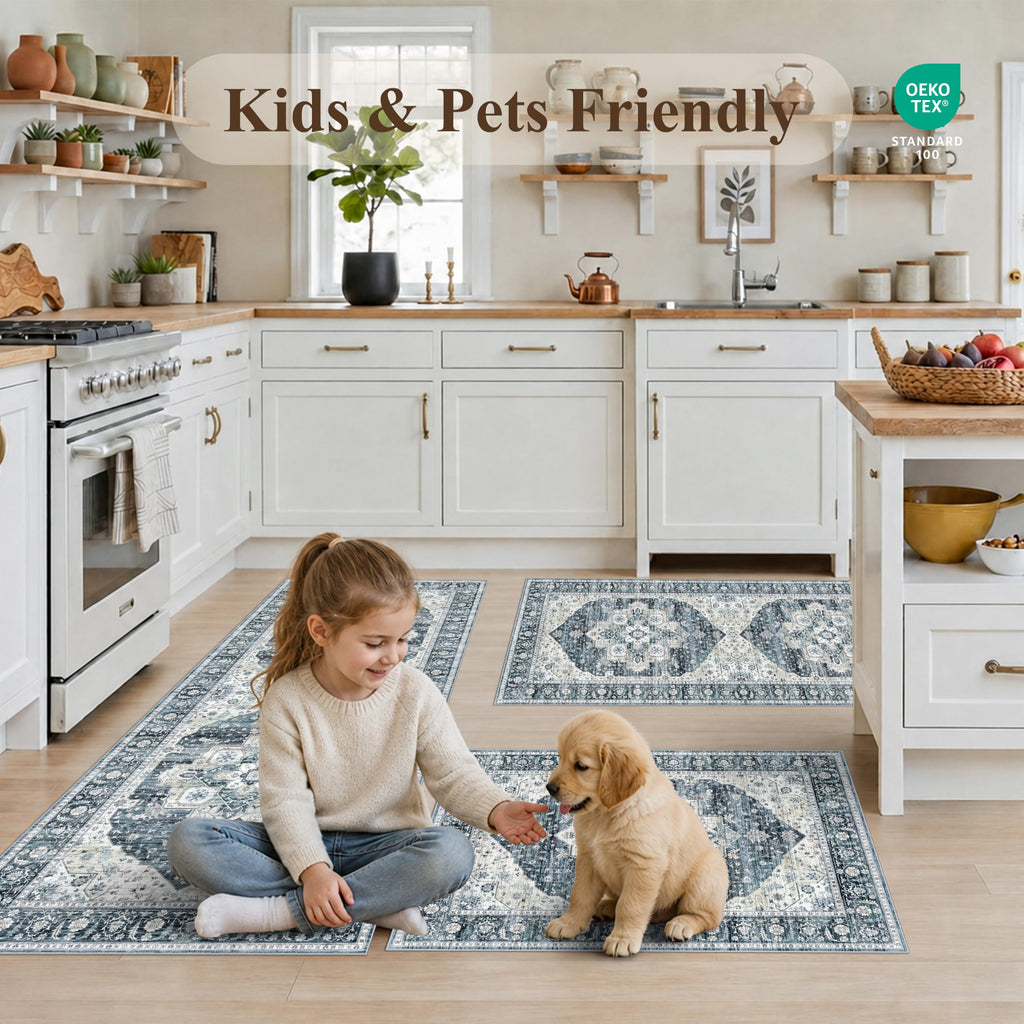 Kitchen Mats for Floor 3 Piece Set: Non-Slip Washable Boho Area Rugs and Runner for Sink, Entryway, Bathroom Soft Low