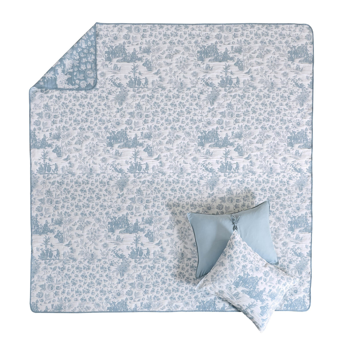 Patchwork Toile Collection Coverlet Set, 3-Piece, Blue