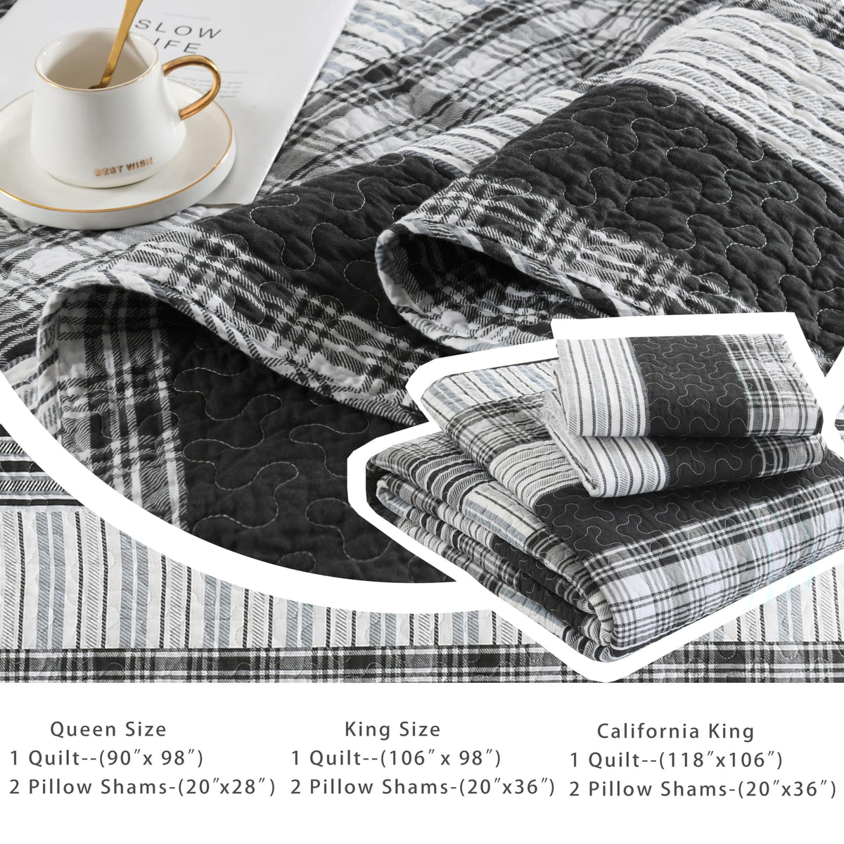 100% Cotton Quilt Set, 118'' x 106'' Oversized Bedspread Set with 2 Pillow Shams, Black Plaid Striped