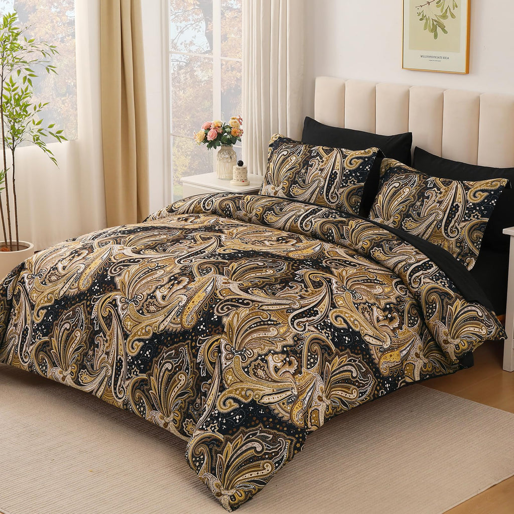 Black Gold Paisley Comforter Set Queen Size 7 Piece Bed in a Bag