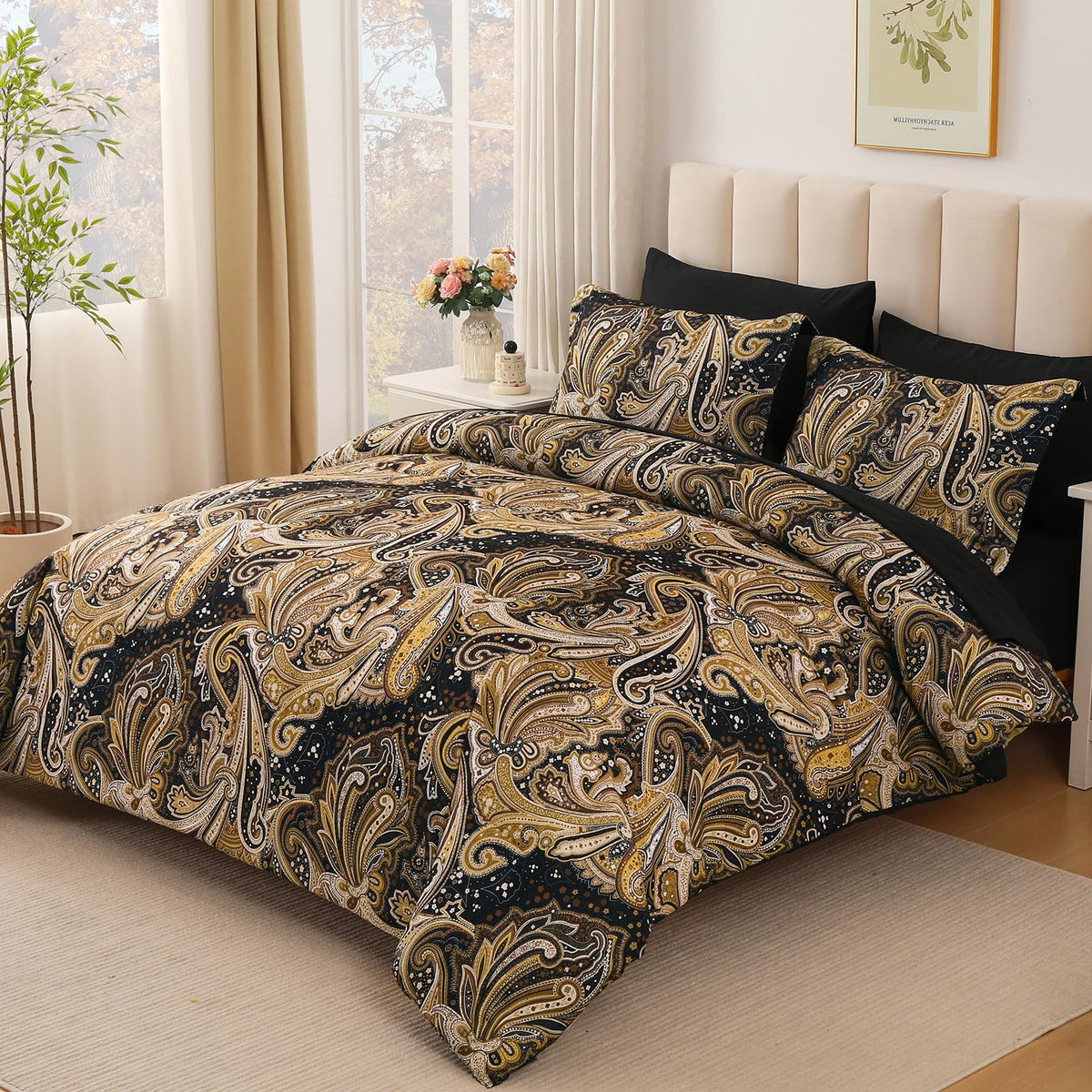 Black Gold Paisley Comforter Set King Size 7 Piece Bed in a Bag