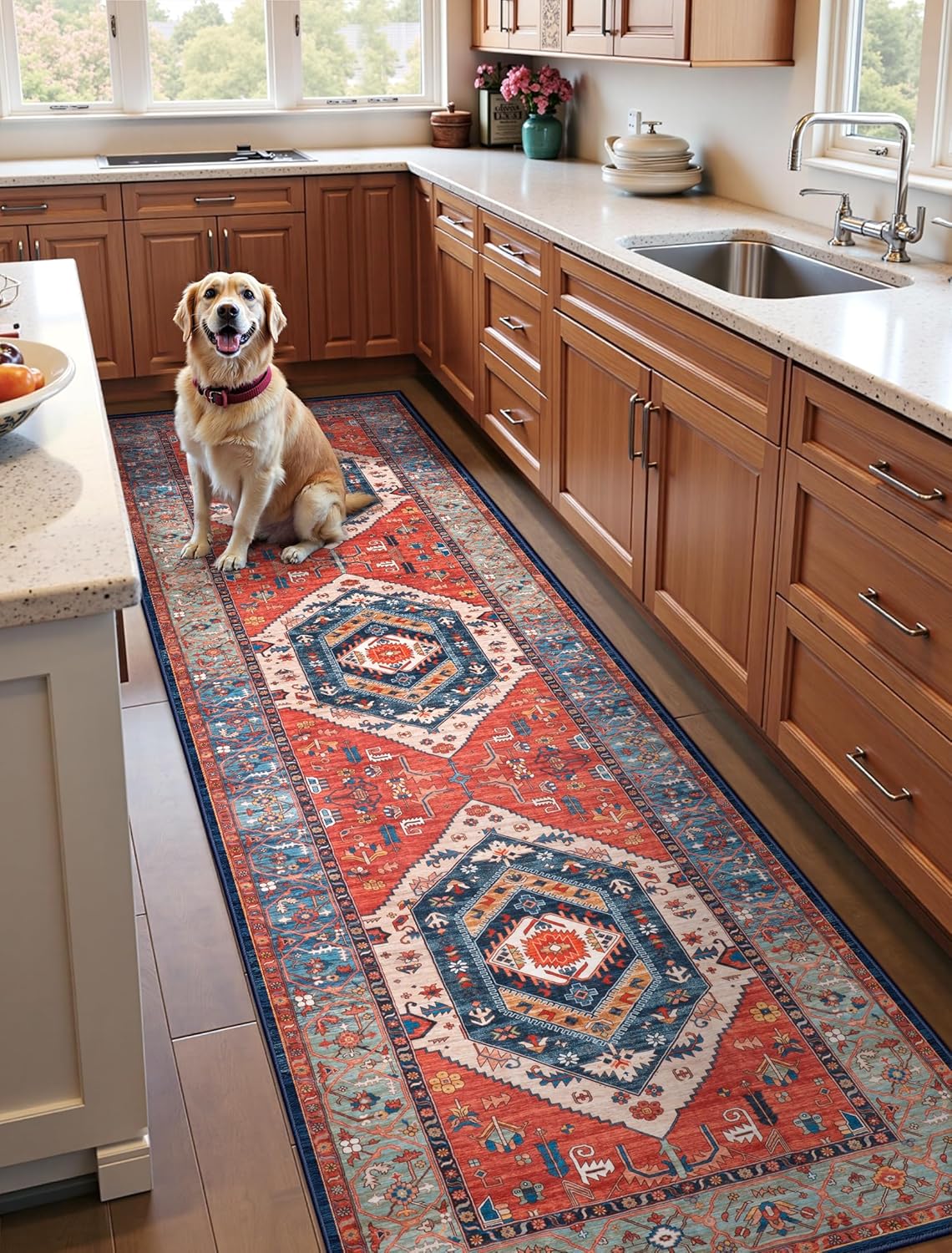 Runner Rug for Hallways, Washable Non Slip Boho Kitchen Runner Rug, Vintage Rust Ultra Soft Print Distressed