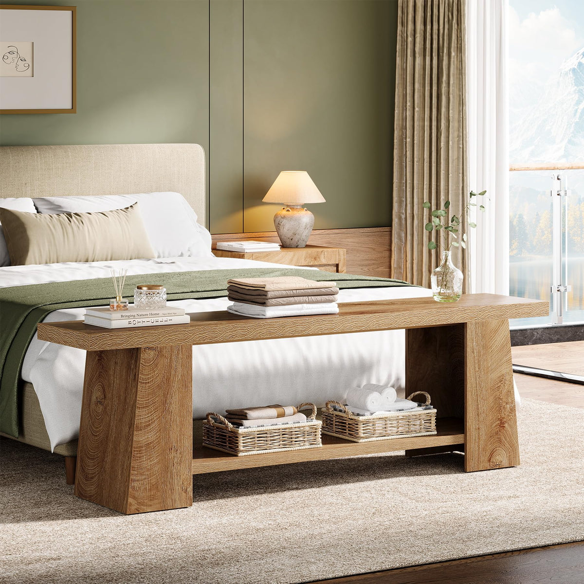 2-Tier Entryway Bench, 59-Inch Rustic Long Shoe Bench with Storage Shelves, Wood End of Bed Seat, Farmhouse Hallway