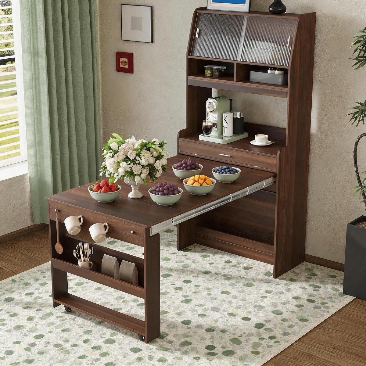 69 Inch Buffet with Hutch and Foldable Dining Table, Walnut | Walnut finish, MDF, dining room or apartment, foldable