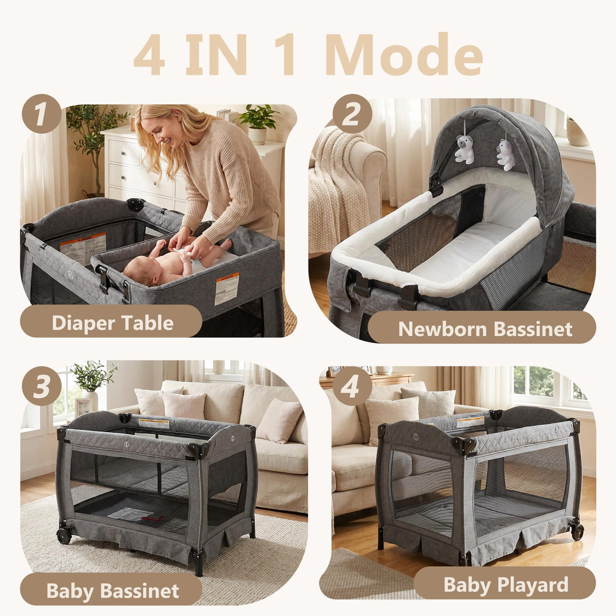 4 in 1 Play Yard w/Bassinet, Baby Playard, Light Gray