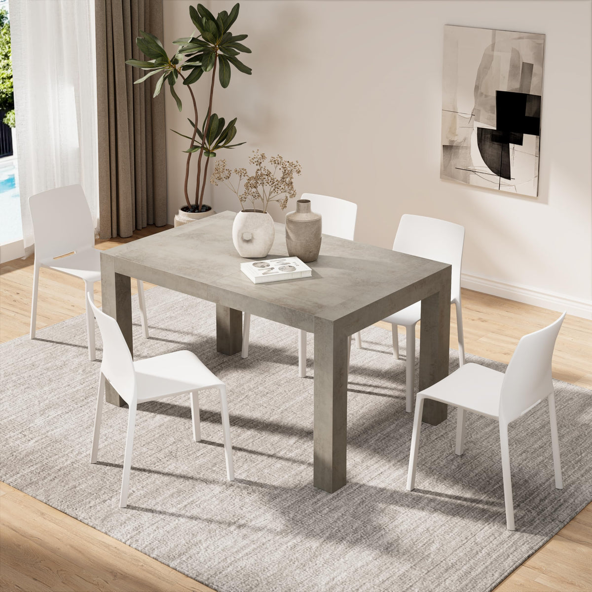 Iacopo Extendable Dining Table, 55.1(86.6) x35.4 in, Concrete Effect, Grey, for 6-10 People, Expandable Dining Table