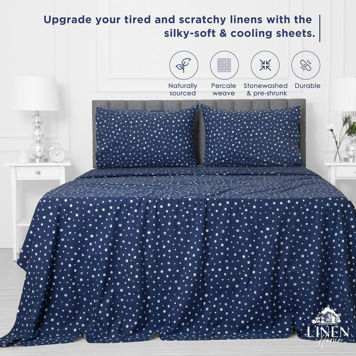 Cotton Lyocell Blend Percale Sheet Set Twin Size, Polka Navy