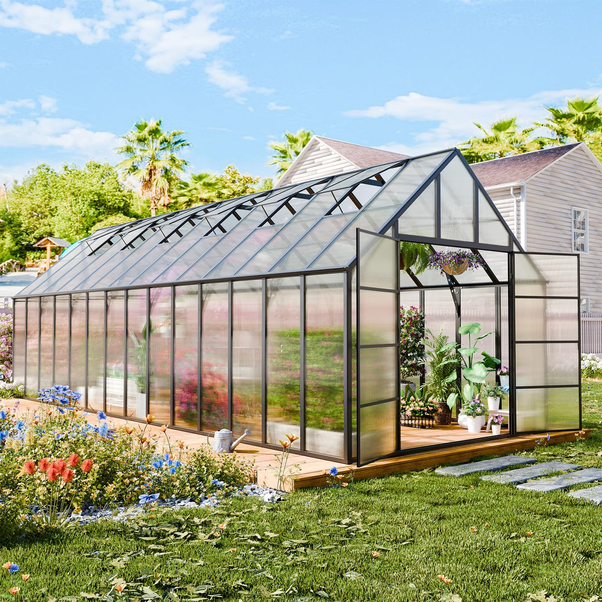 28x10x10 FT Polycarbonate Greenhouse with Aluminum Frame, Black