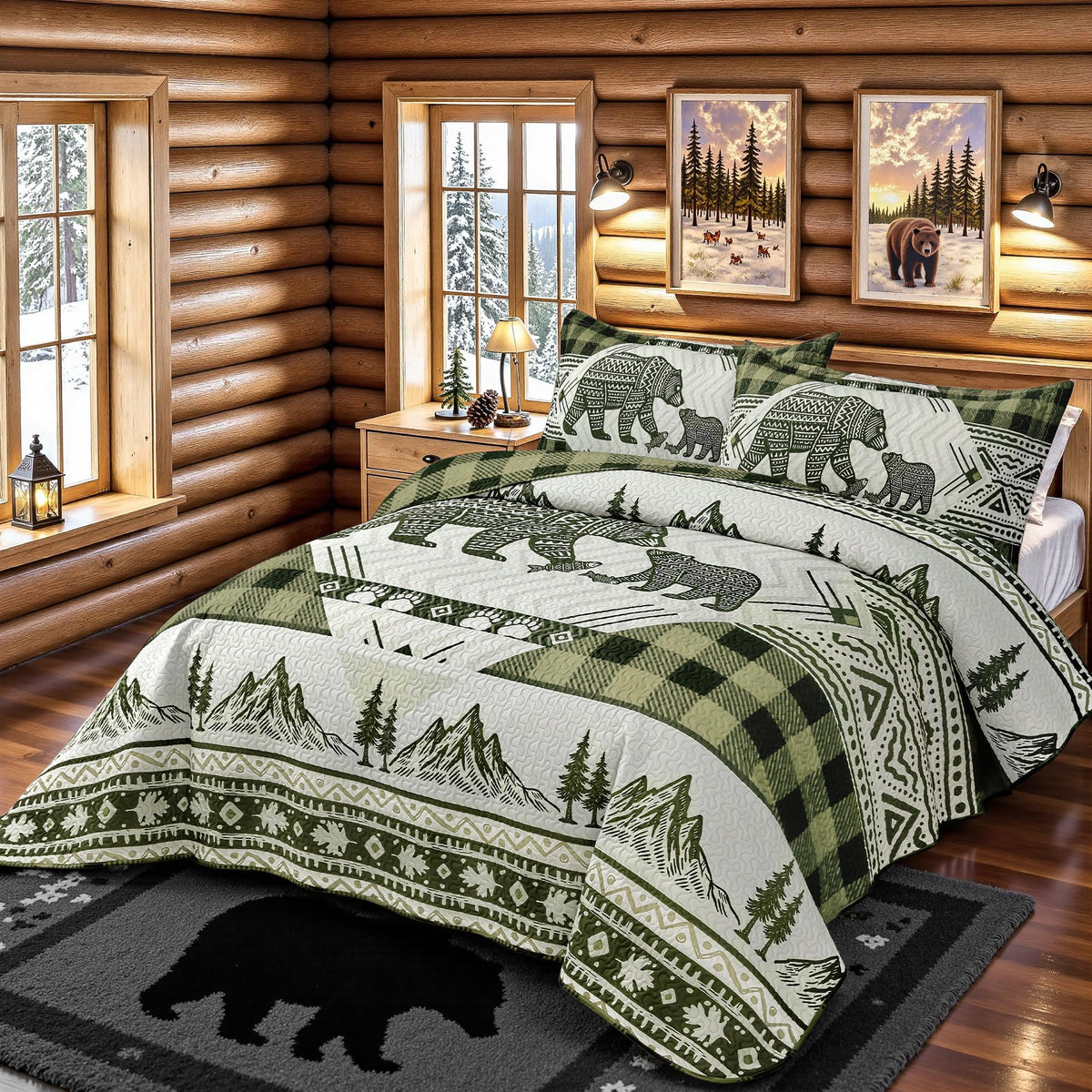 3 Piece Cabin Quilt Sets Farmhouse Rustic Reversible Microfiber Soft Lightweight Bedspread Comforter with 2