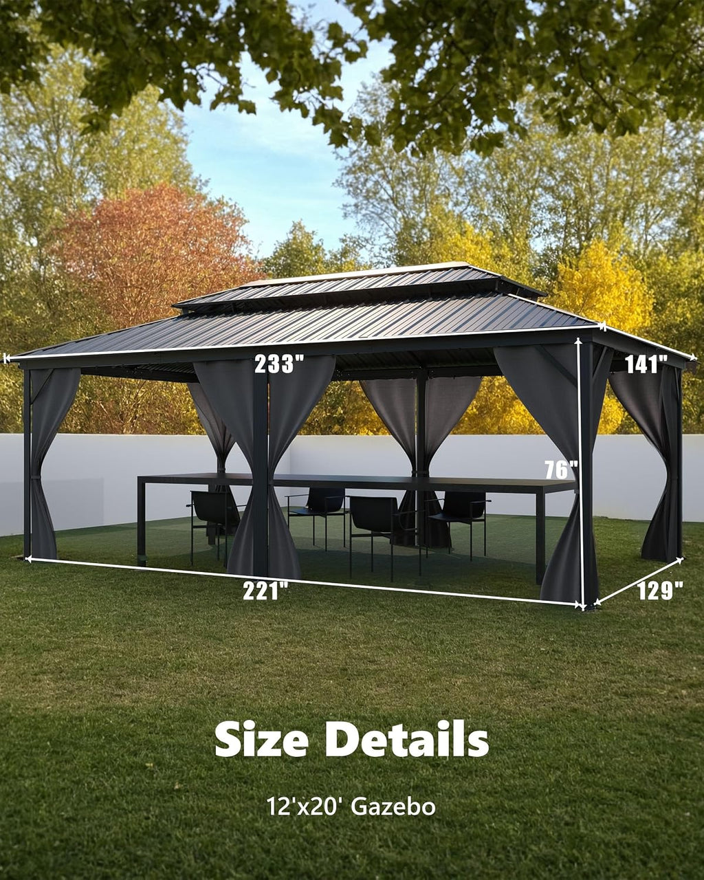 Hardtop Gazebo 12 ft x20 ft for All Weather, with Double Metal Roof, Net, and Curtain, Permanent Building and Garden