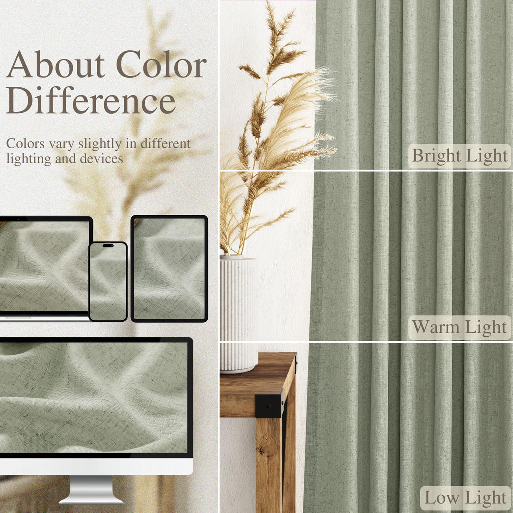Extra Long Sage Green Curtain 2 Panels 108 inches Long Back Tab Pocket Light Filtering Semi Sheer Drapes Cotton Linen