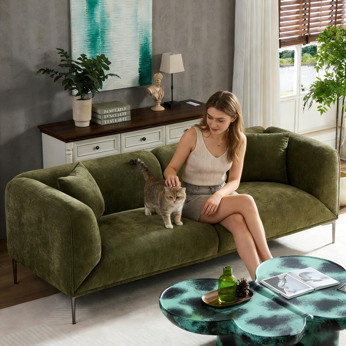 82.7" Modern Sofa Boucle Couch, 2 Pillows, Metal Feet.