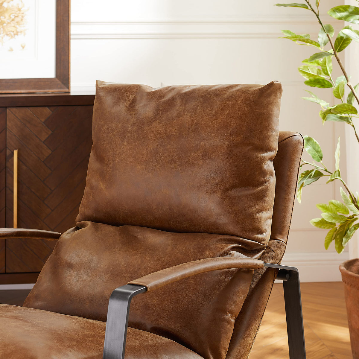 Genuine Leather Accent Chair, Mid Century Modern Living Room Chair Lounge Sofa Chair with Black Metal Frame, Cognac