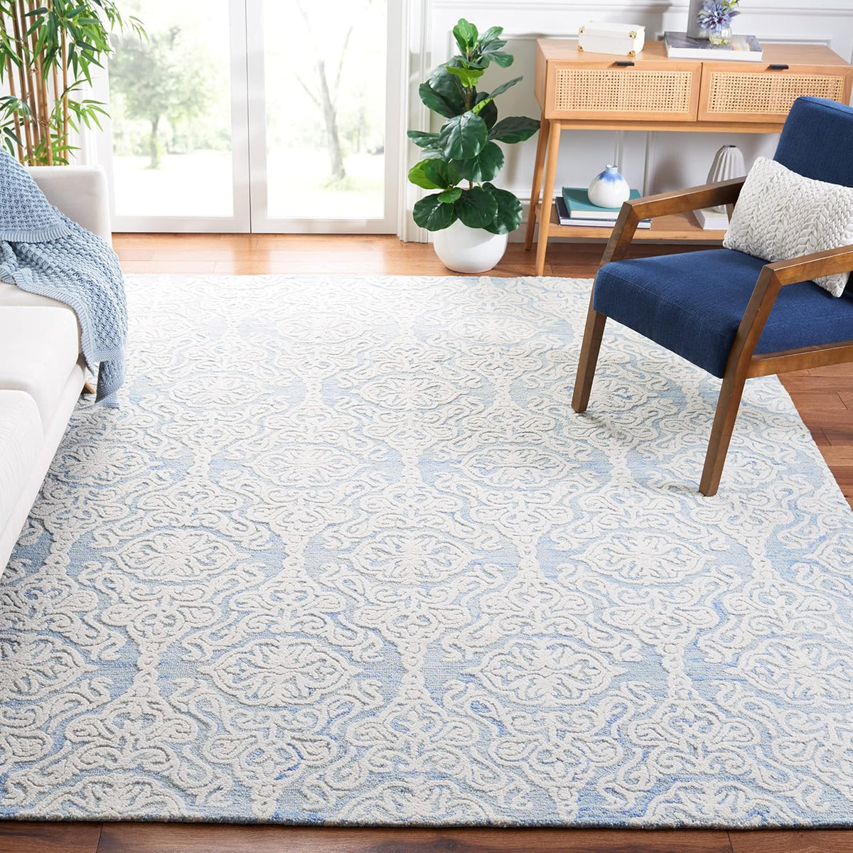 Blossom Collection Area Rug, Blue & Ivory, Handmade Wool, Ideal for High Traffic Areas in Living Room