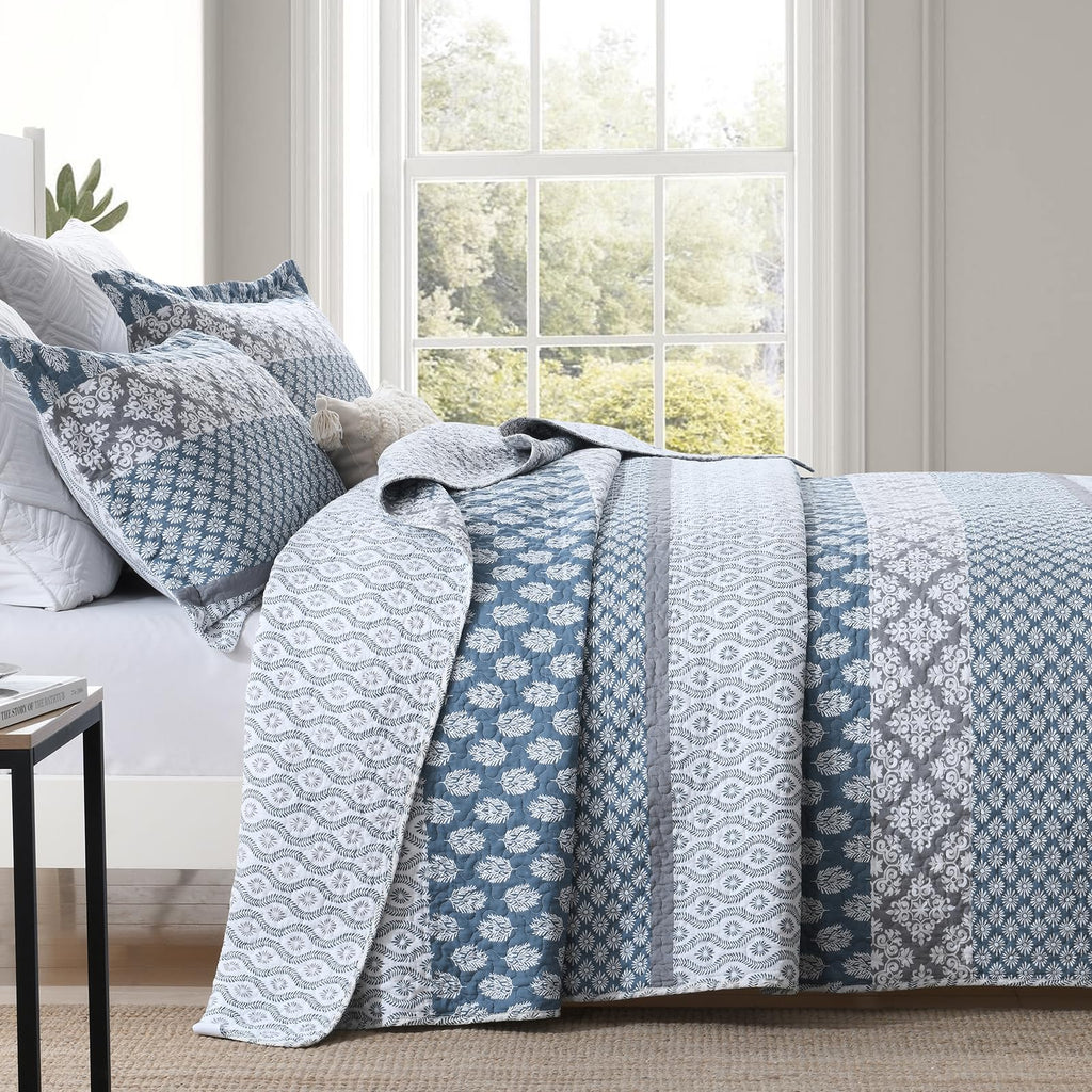 Quilts, Blue Gray Floral Striped Design Quilt Set