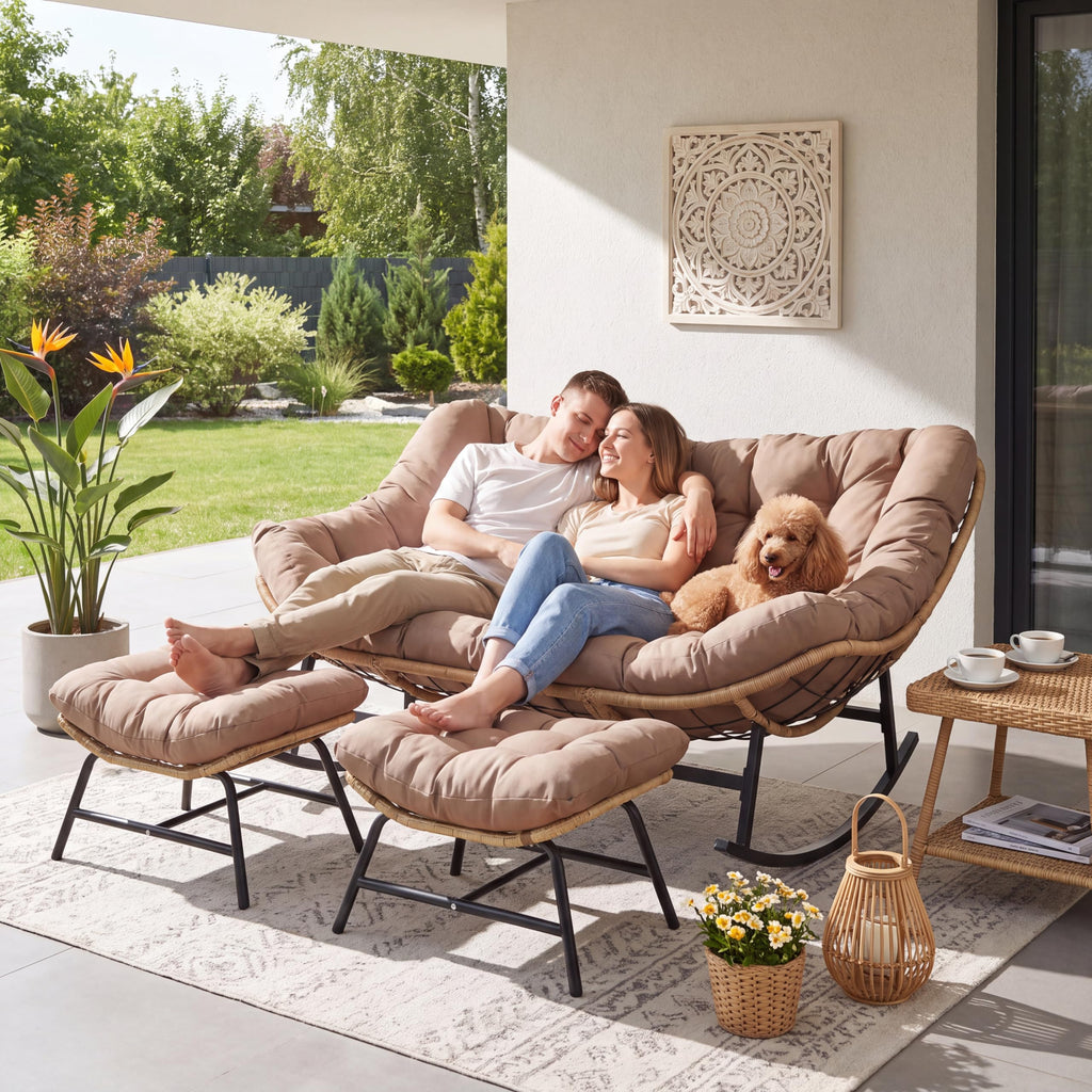Inspired Egg Style Double Papasan Rocking Chair with Ottomans, Oversized Chairs