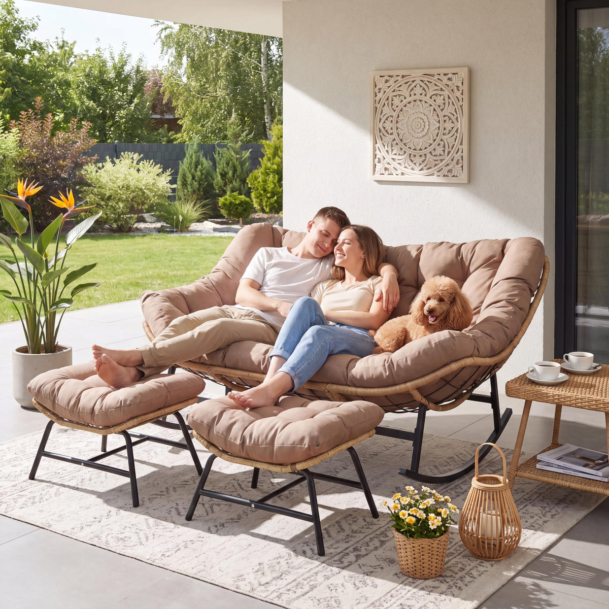 Inspired Egg Style Double Papasan Rocking Chair with Ottomans, Oversized Chairs