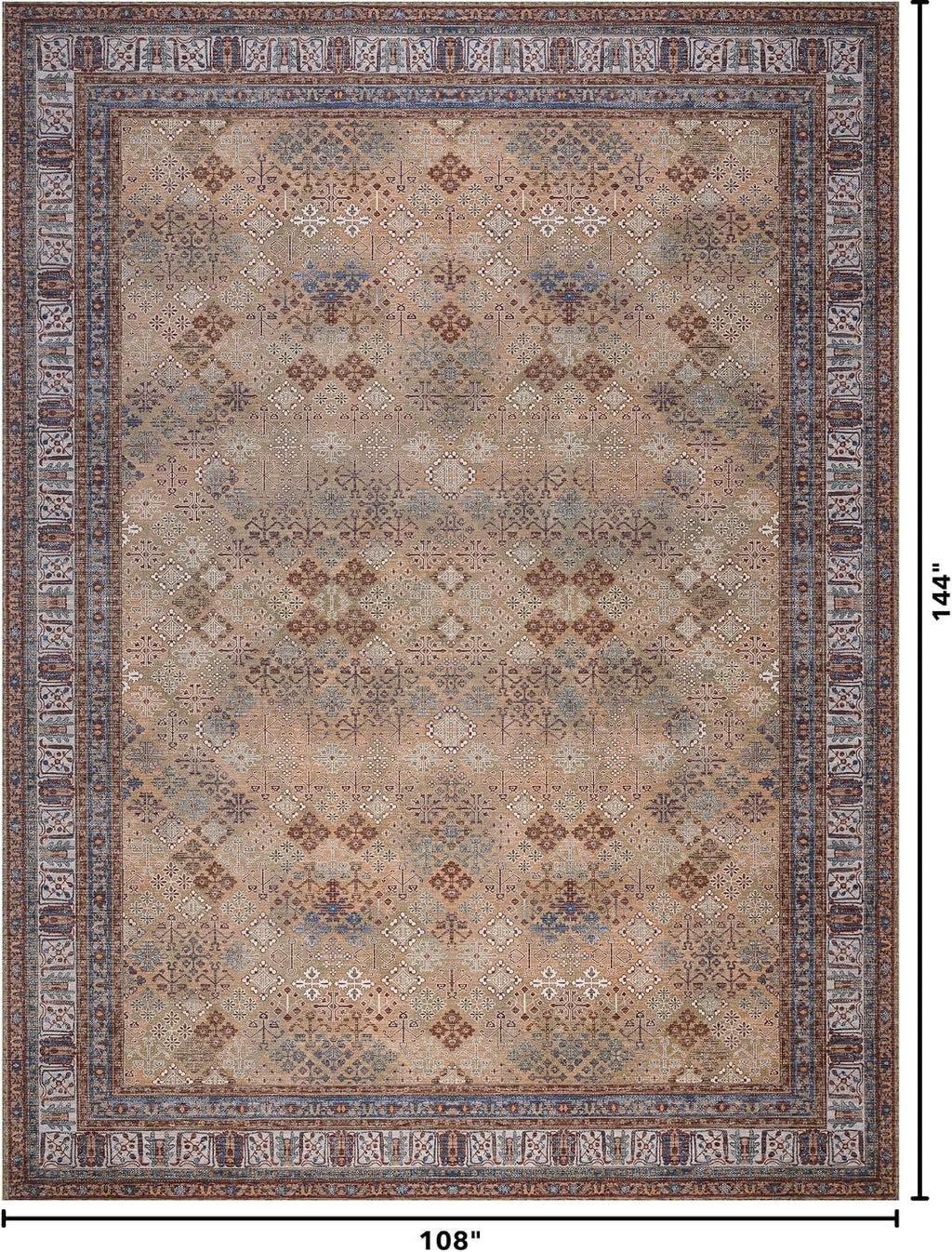 Large Area Rug, Machine Washable Area Rug with Non-Slip Backing, Vintage Style, Soft, Easy Clean, Low Pile Rug