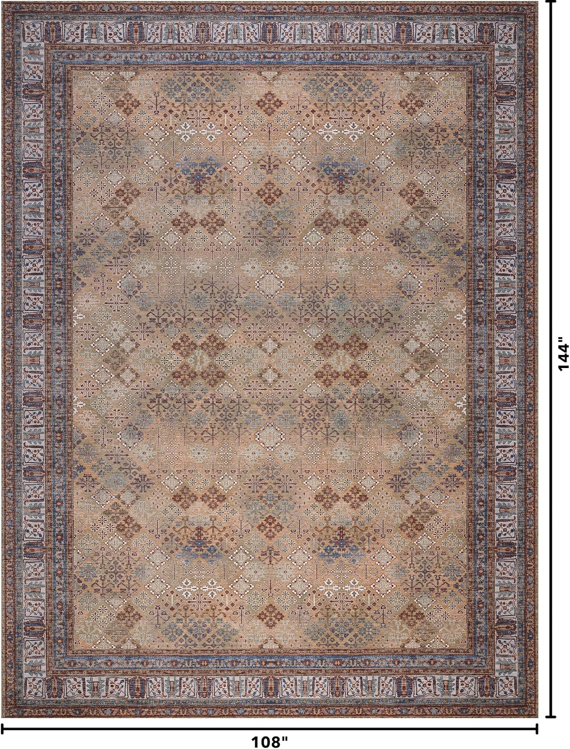 Large Area Rug, Machine Washable Area Rug with Non-Slip Backing, Vintage Style, Soft, Easy Clean, Low Pile Rug