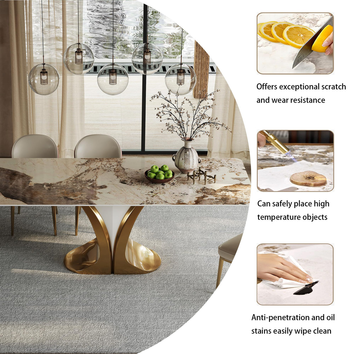 79'' Rectangular Dining Table for 8-10 People, Modern Sintered Stone Kitchen Table Top with Gold Metal Legs, Luxury