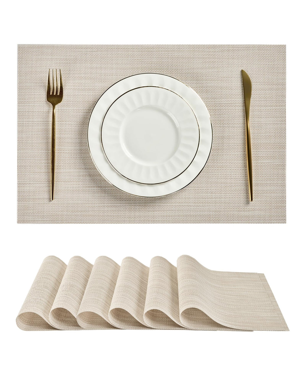 Beige White Placemats Set of 6 - Heat Resistant Non-Slip Place mats for Dining Table, Washable Durable PVC Vinyl