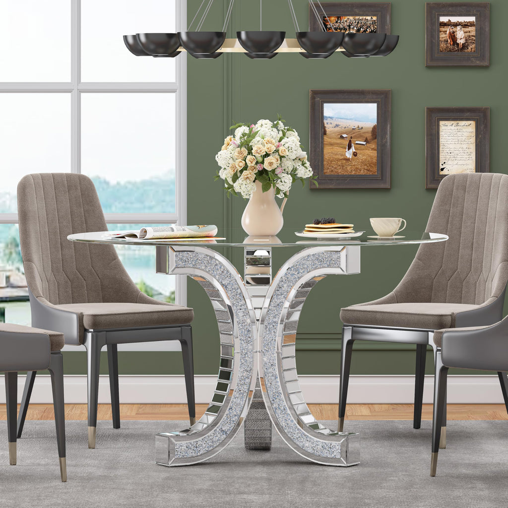 52" Round Glass Pedestal Dining Table with Tempered Glass Top