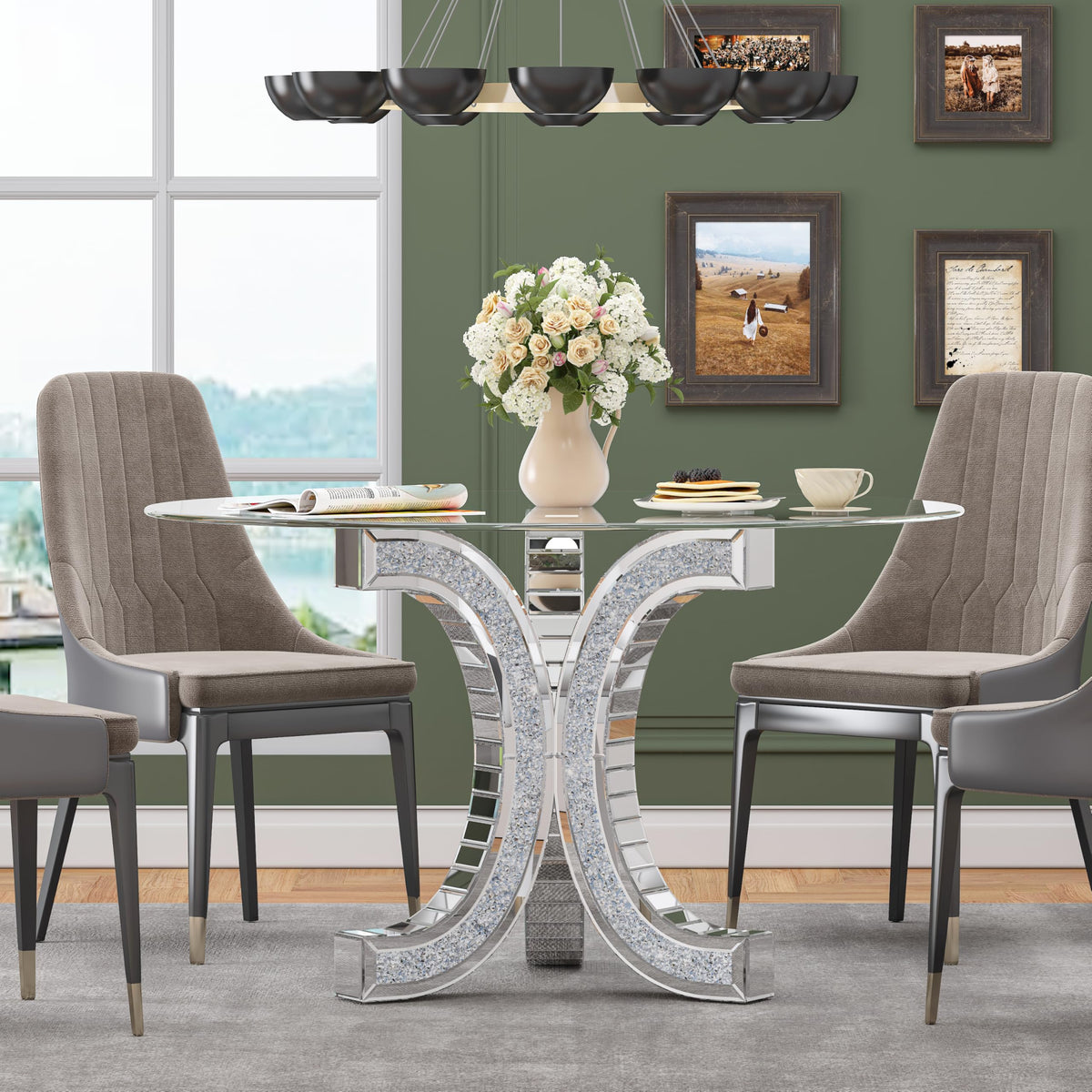 52" Round Glass Pedestal Dining Table with Tempered Glass Top