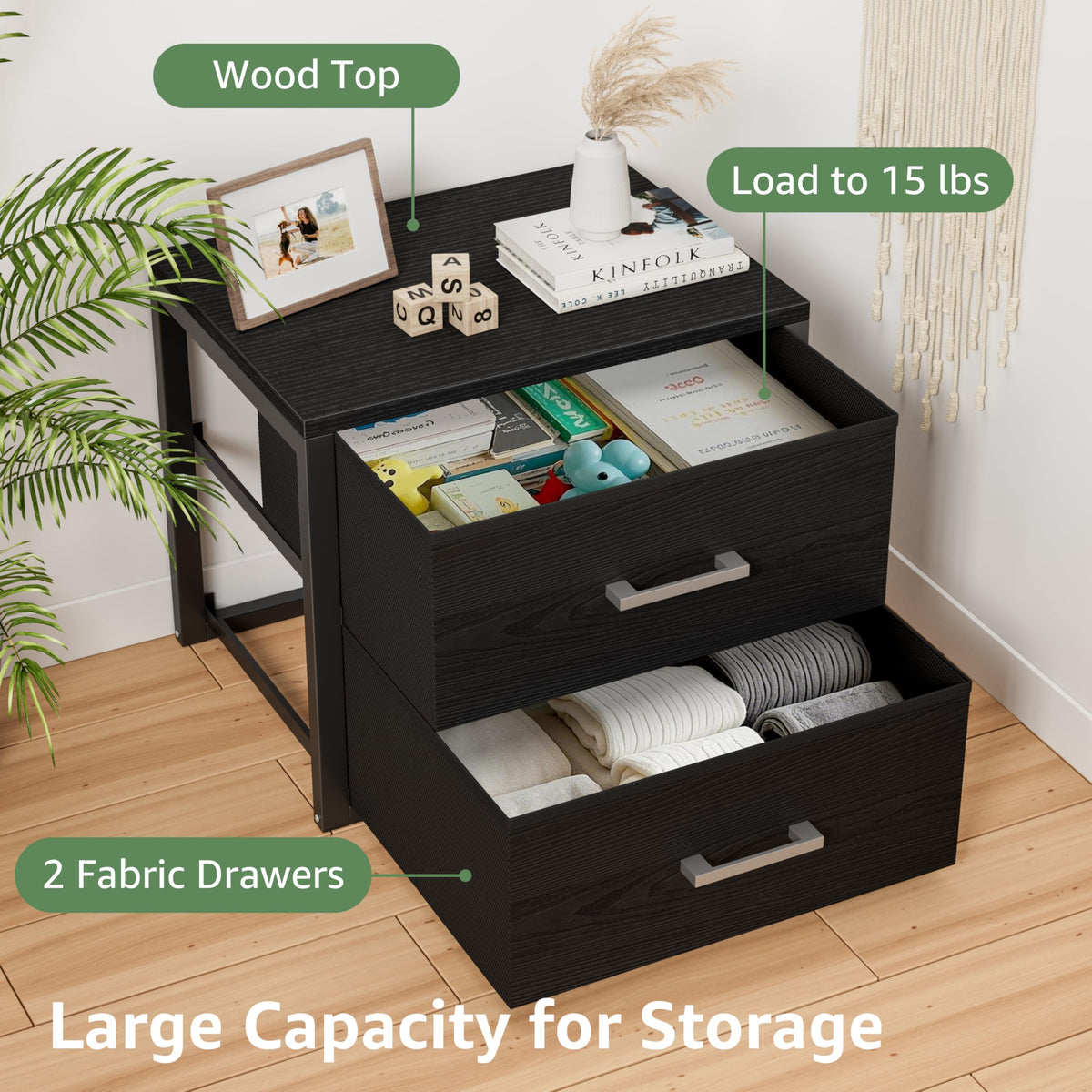 Stackable Storage Drawers Closet Organizers and Storage Fabric Black 2 Drawer Dresser 2 Packs Modern