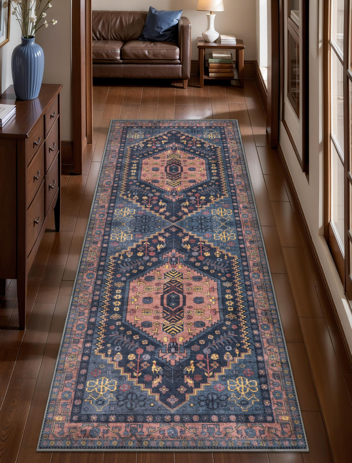 Runner Rug, Washable Hallway Vintage Low-Pile Kitchen Carpet