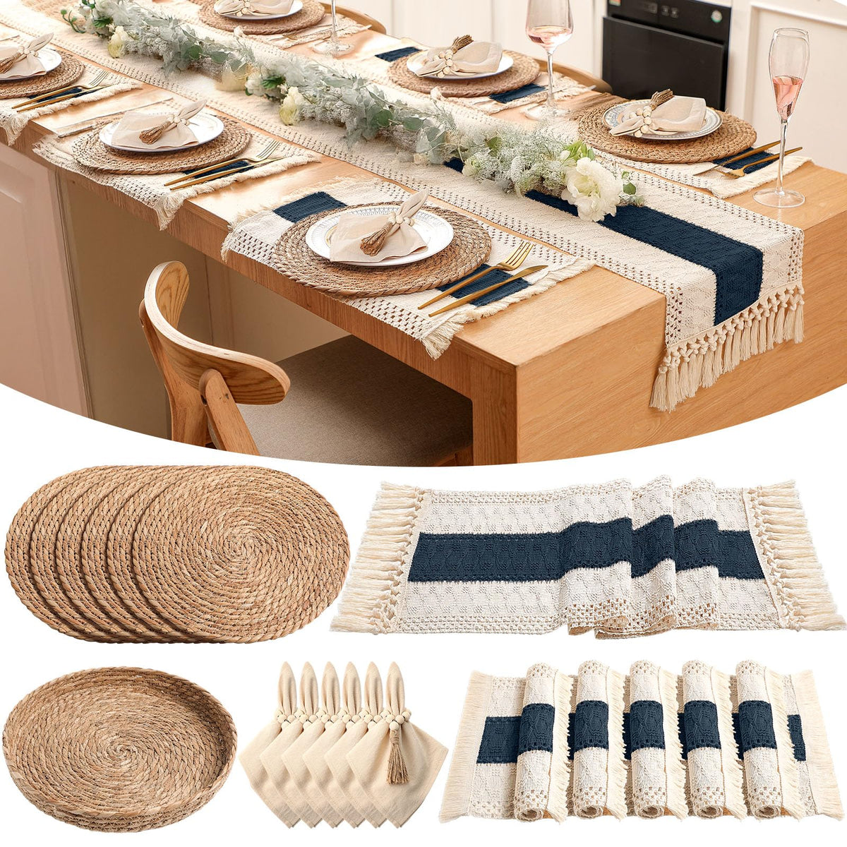 6 Sets Boho Table Runner and Woven Round Placemats Set, Blue, 12x72